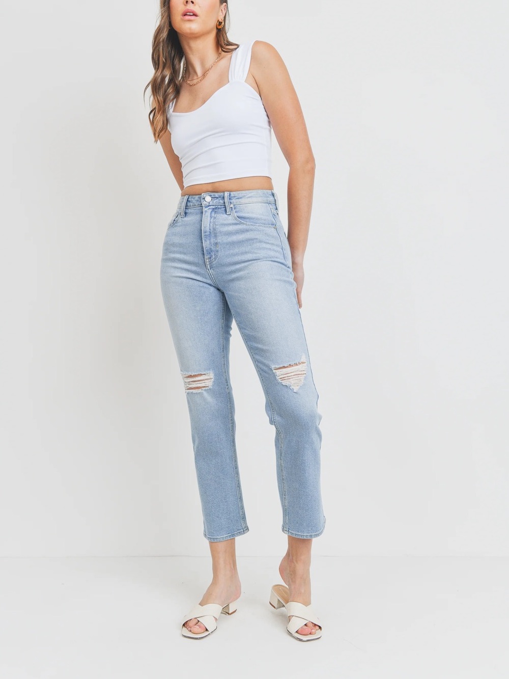 Just Black | Light Wash Straight Leg Distressed Jeans